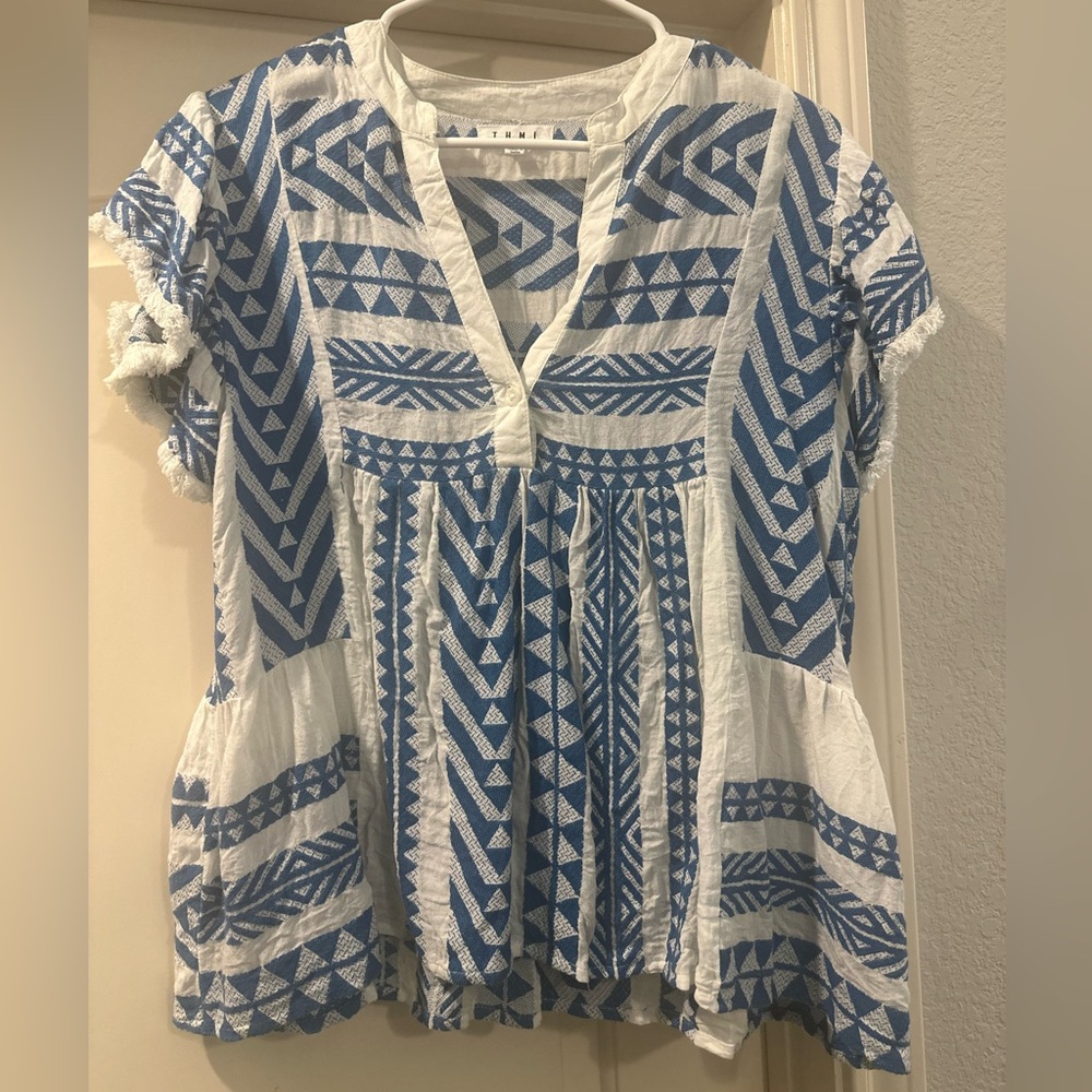 Boho Blue & White Patterned Women's Top